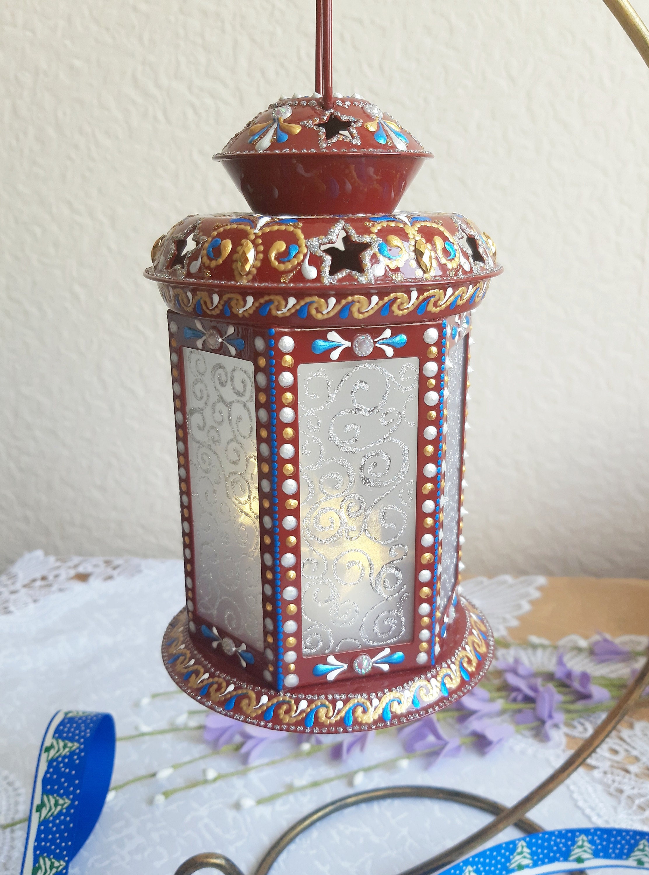 Christmas Lantern/Christmas Decoration/Christmas lantern with painting/Fireplace lantern/Fairy lights/Candle holder/Lantern with a pattern