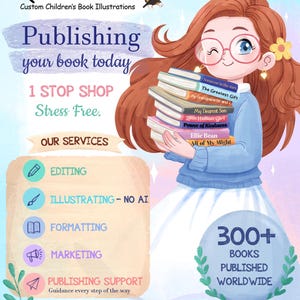 May include: A promotional graphic for QBN Studios featuring an illustration of a person with long reddish-brown hair and pink glasses holding a stack of books. Text includes Publishing your book today, 1 STOP SHOP Stress Free, OUR SERVICES, EDITING, ILLUSTRATING - NO AI, FORMATTING, MARKETING, PUBLISHING SUPPORT, 300+ BOOKS PUBLISHED WORLDWIDE, and logos for amazon, IngramSpark, and BARNES & NOBLE.