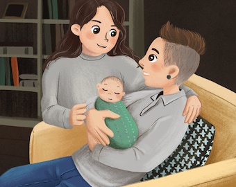 Happy family custom portrait, unique gift for her, special gift for him, couple illustration, anniversary gift, greetings card