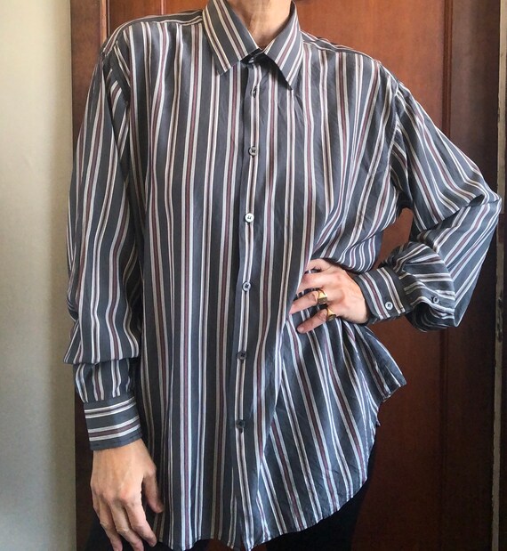 Vintage LANVIN striped silk dress shirt men's XL