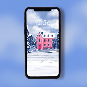 Calming Winter Scene Wallpaper | Instant Download | Snowy House Digital Wallpaper