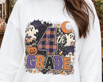 Fourth Grade Ghost Halloween T-Shirt, Cute Pumpkins Ghost 4th Grade Teacher Pumpkin, Youth Candy Corn Tee, Plaid Teacher Matching Sweatshirt