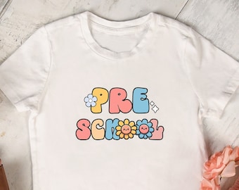 Preschool Shirt, Cute Retro Pink Summer Flower PreK Tee, Rainbow Preschool Teacher Mom Elementary Kids First Day TK 4K First Day Of School