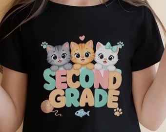 Camiseta de gatitos para segundo grado, camiseta pastel para maestras amantes de los gatos de segundo grado, camiseta infantil de gatitos para niñas pequeñas, equipo de maestros del primer día de clases