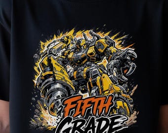 Mecha Fifth Grade Youth First Day Of School Boys Shirt, Toddlers Robot Yellow Mechatronic Construction Drill, Male 5th Grade Teacher Outfit