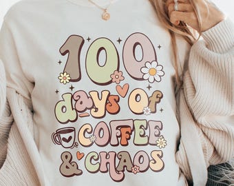 100 Days Of Coffee And Chaos T-Shirt, Funny Women Teacher 100 Days Shirt, 100 Days Coffee Lover Teacher Gift, Funny Elementary 100th Day Tee