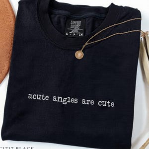 May include: Black t-shirt with the text "acute angles are cute" in white. A gold-colored necklace with a pendant is draped across the shirt. The shirt is labeled "Comfort Colors" and the size is small.