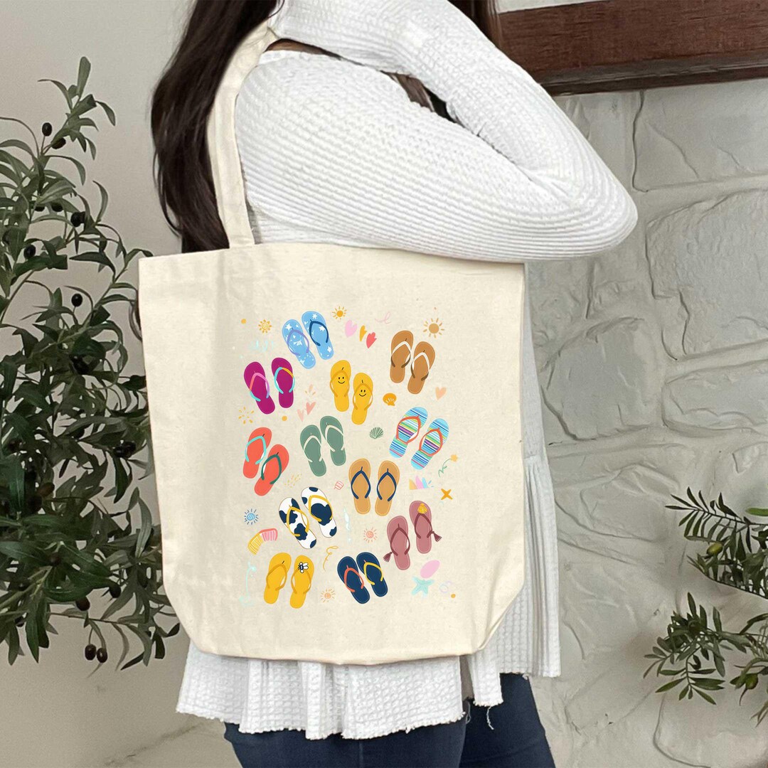 Cotton Canvas Summer Flip Flops Women Tote Bag, Aesthetic Beach Bag ...