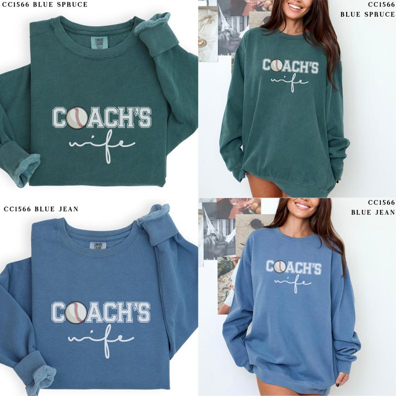 Może przedstawiać: Dwie bluzy w r&oacute;żnych kolorach, niebieskim dżinsie i niebieskim świerku, z tekstem "COACH'S wife" i grafiką baseballa z przodu.