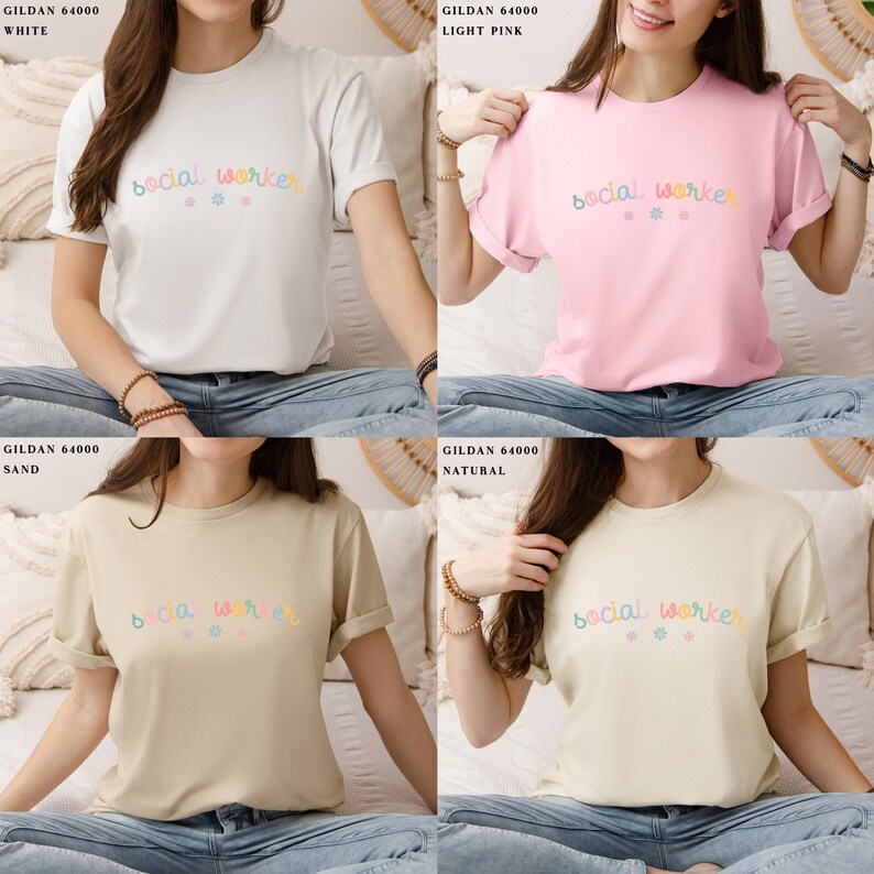 Pode incluir: Quatro camisetas de diferentes cores com o texto "social worker" em cores do arco-&iacute;ris com pequenos detalhes de flores. As camisetas s&atilde;o brancas, rosa claro, areia e natural.