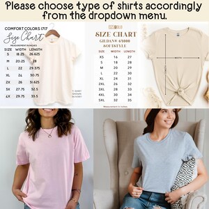 Pode incluir: Tabela de tamanhos para t-shirts em dois estilos diferentes. A tabela mostra as medidas de largura e comprimento em polegadas para cada tamanho, de XS a 5XL.