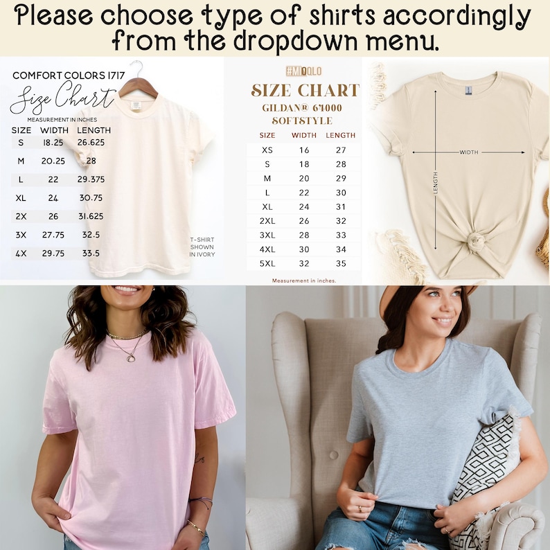 Pode incluir: Tabela de tamanhos para t-shirts em dois estilos diferentes. A tabela mostra as medidas de largura e comprimento em polegadas para cada tamanho, de XS a 5XL.