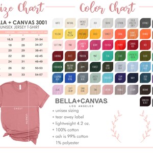 Puede incluir: Tabla de tallas y tabla de colores para la camiseta de jersey unisex Bella + Canvas 3001. La tabla muestra las tallas XS a 3XL con las medidas de pecho, longitud y pecho a la medida correspondientes en pulgadas. La tabla de colores muestra una variedad de colores, que incluyen blanco, natural, blanco vintage, ceniza, plata, citron, gris atl&eacute;tico s&oacute;lido, asfalto, gris oscuro, amarillo, amarillo mostaza, dorado, puesta de sol, coral, naranja quemado, naranja, oto&ntilde;o, rosa suave, rosa, rosa caridad, baya, fucsia, amapola, rojo de lona, rojo, malva, cardenal, &oacute;xido, marr&oacute;n, menta, azul verdoso, hoja, verde sint&eacute;tico, oliva, kelly, verde perenne, verde militar, ej&eacute;rcito, bosque, oliva oscuro, azul claro, azul beb&eacute;, oc&eacute;ano, aguamarina, azul columbia, azul real verdadero, azul acero, azul polvoriento, turquesa, azul marino de equipo, azul marino, azul marino profundo, morado de equipo, lila, crema suave, duna de arena, esta&ntilde;o, orqu&iacute;dea, guijarro, tormenta, marr&oacute;n, negro, negro sangre de buey y negro vintage.