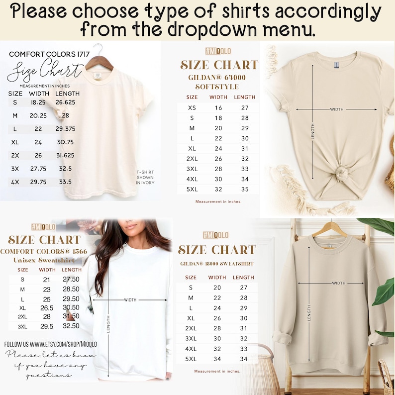 May include: Image shows size charts for different shirt styles, including Comfort Colors and Gildan, with measurements in inches. Charts detail width and length for sizes XS to 5XL. Text at the top reads, "Please choose type of shirts accordingly from the dropdown menu."