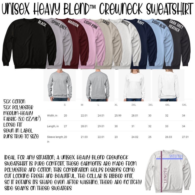 May include: Unisex heavy blend crewneck sweatshirt in various colors, including black, maroon, light pink, sand, white, navy, light blue, and dark grey heather. The sweatshirt is 50% cotton and 50% polyester, with a medium-heavy fabric weight of 8.0 oz/yd&sup2;. It has a loose fit and is sewn with a label. The size chart shows measurements in inches for width, length, and sleeve length.