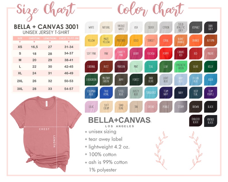 May include: Size chart and color chart for Bella + Canvas 3001 unisex jersey t-shirt. The chart shows sizes XS to 3XL with corresponding chest, length, and chest to fit measurements in inches. The color chart shows a variety of colors, including white, natural, vintage white, ash, silver, citron, solid athletic grey, asphalt, dark grey, yellow, mustard yellow, gold, sunset, coral, burnt orange, orange, autumn, soft pink, pink, charity pink, berry, fuchsia, poppy, canvas red, red, mauve, cardinal, rust, maroon, mint, teal, leaf, synthetic green, olive, kelly, evergreen, military green, army, forest, dark olive, light blue, baby blue, ocean, aqua, columbia blue, true royal, steel blue, dusty blue, turquoise, team navy, navy, deep teal, team purple, lilac, soft cream, sand dune, tin, orchid, pebble, storm, brown, black, oxblood black, and vintage black.