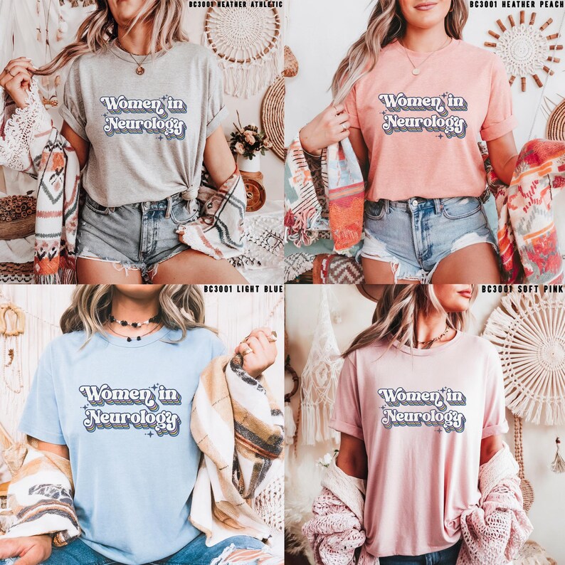 May include: Four different color t-shirts with the text "Women in Neurology" in a retro font. The shirts are shown on models wearing denim shorts and a variety of jackets.