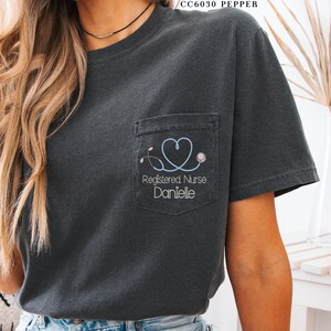 Comfort Colors® Custom Nurse Pocket Shirt, RN Nurse Custom Name Nurse Pocket Tee, Registered Nurse Squad Stethoscope Nursing School LVN LPN