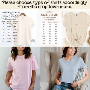May include: Size chart for t-shirts in two different styles. The chart shows the width and length measurements in inches for each size, from XS to 5XL.