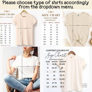 May include: Size chart for t-shirts with measurements in inches. The chart shows the width and length of different sizes, from XS to 5XL. The chart is labeled "BUELLA CANVAS 5001", "GILDAN 61000 SOFTSTYLE", and "COMFORT COLORS 1717".