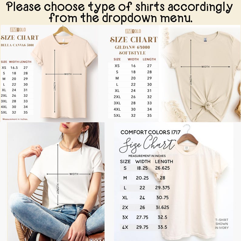 May include: Size chart for t-shirts with measurements in inches. The chart shows the width and length of different sizes, from XS to 5XL. The chart is labeled "BUELLA CANVAS 5001", "GILDAN 61000 SOFTSTYLE", and "COMFORT COLORS 1717".