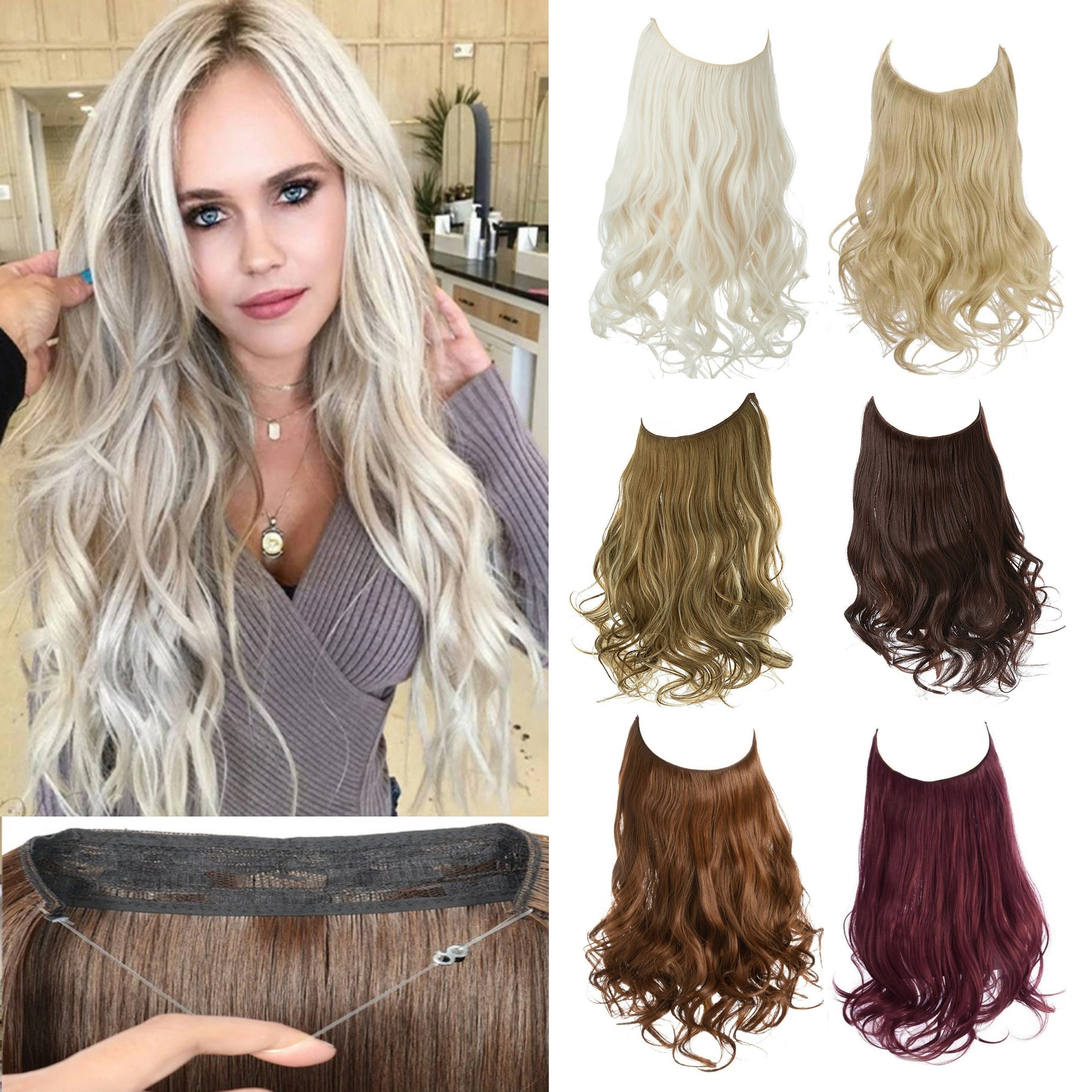 Natural Synthetic Halo Hair Extensions No Clip In Artificial Etsy