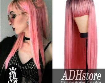 Pink Dark Blonde Wig , Straight Wigs With Bangs For Women , Cosplay Bob Wig