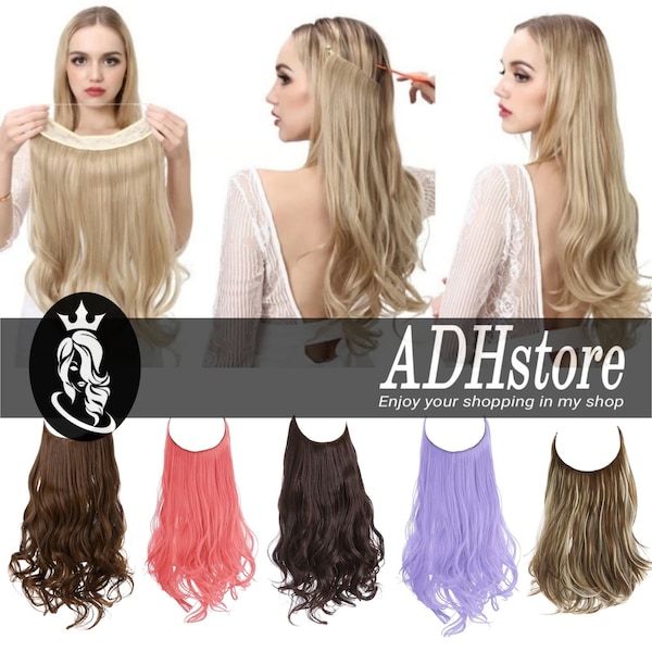 Natural Synthetic Halo Hair Extensions No Clip In Artificial Fake Wavy False Hair Piece