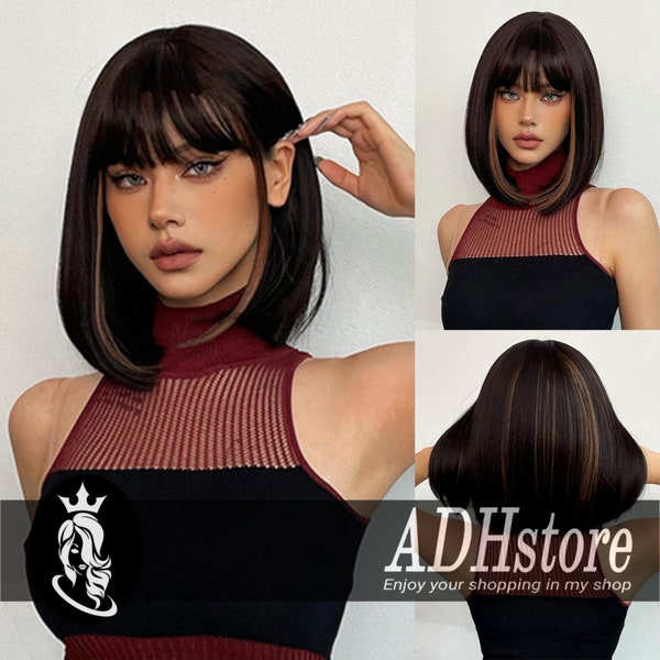 Short Brown Blonde Highlight Wig with Bangs