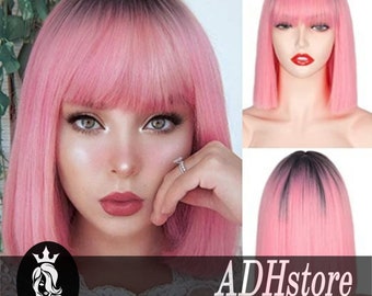 Pink Wig , Short Straight Wigs With Bangs For Women , Cosplay Bob Wig