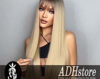 Perruques synthétiques blondes claires, perruque longue et droite de cheveux blonds bruns pour femme, perruque de cheveux cosplay résistant à la chaleur de la partie centrale