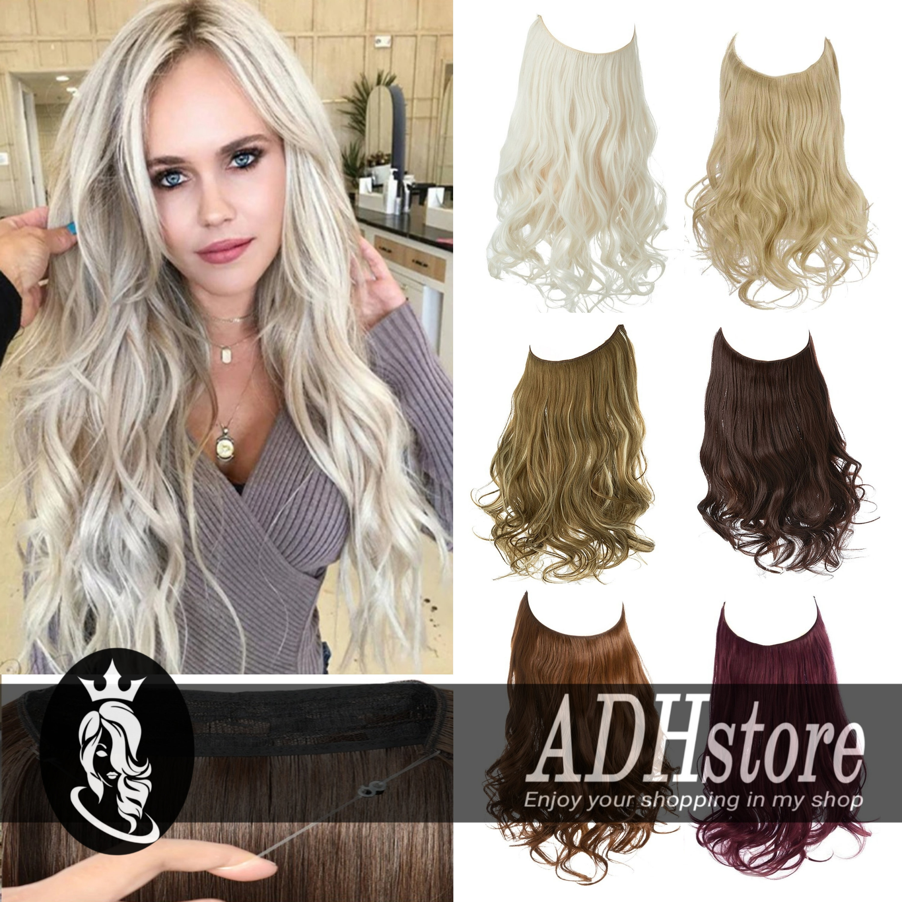 Synthetic Long Straight Wavy Halo Extensions without Clips - HairNjoy