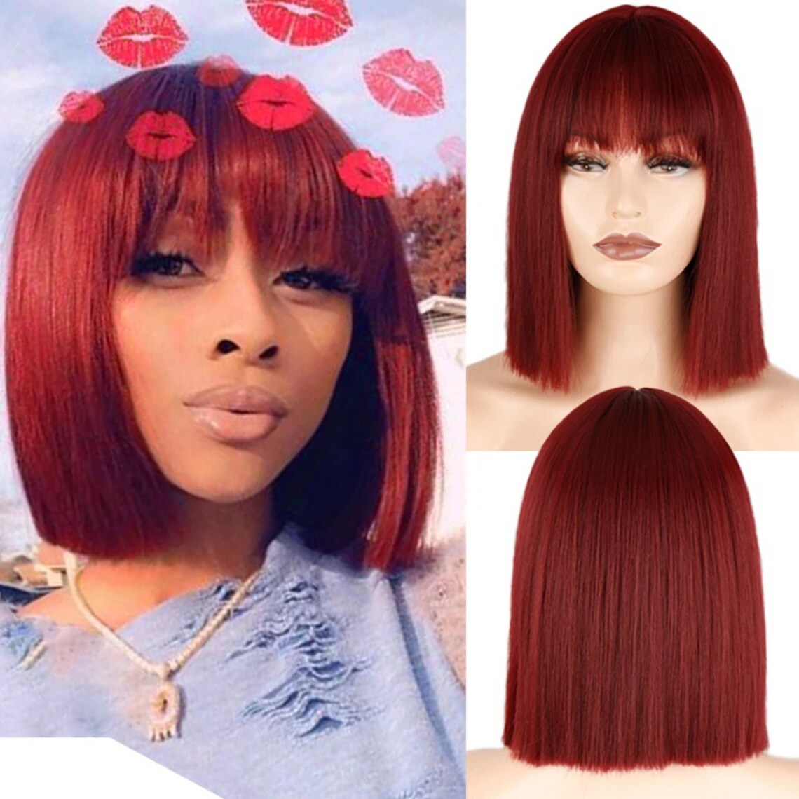 Short Straight Wine Color Bob Wig Synthetic Hair Wig for Women Etsy