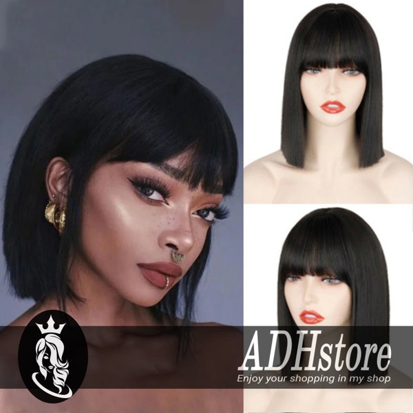Black Wig , Short Straight Wigs with Bangs for Women , Cosplay Bob Wig
