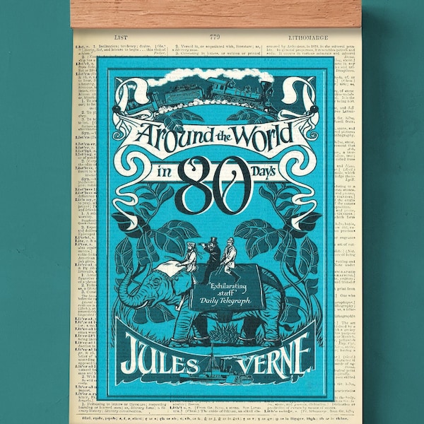Book Cover of Around the World in 80 days by Jules Verne, Literary Poster, Classroom Library Wall Art, Book Cover Print, French Literature