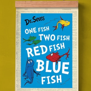 Druckbare Buchhülle Ein Fisch zwei Fische von Dr.Seuss, Literatur Poster, Klassenzimmer Wandkunst, Buch Cover Print, Kinderzimmer Dekor, Kinder Lit