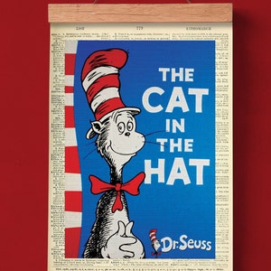El gato con sombrero de Dr. Seuss, portada de libro imprimible, póster literario, arte de pared para el aula, impresión de portada de libro, literatura clásica infantil