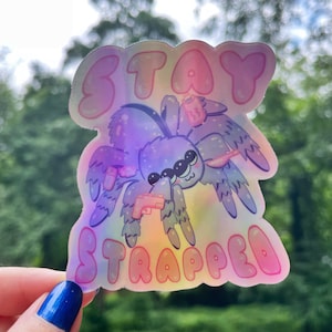 Naklejka holograficzna Kawaii Self Defense Awareness | Pająk z bronią | Różowe estetyczne artykuły piśmiennicze | Vapor Wave Art