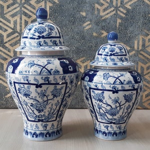 Handmade Ceramic Ginger Jar Set, Double Chinoiserie Set, Bleu Blanc Ginger Jar set