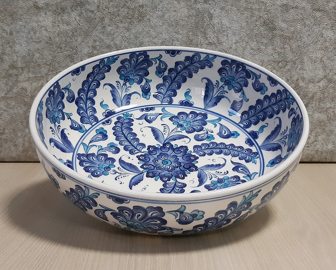 Turkish Ceramic Fruit Bowl: Handmade Pottery, Blue Floral Design 10"