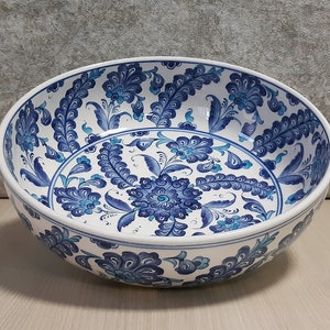 Turkish Handmade Ceramic Pottery Fruit Bowl 25 cm (10") in Diameter, Christmas Gift, Blue and White, Salad Bowl