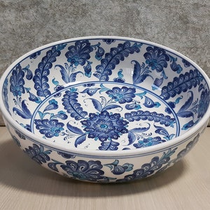 Turkish Ceramic Fruit Bowl: Handmade Pottery, Blue Floral Design 10&quot;