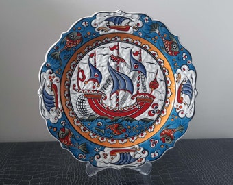 Placa decorativa artesanal de cerâmica pintada à mão turca, prato de servir 26,5 cm, decoração de parede