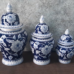 Handmade Ceramic Ginger Jar Set, Chinoiserie Set, Bleu Blanc Ginger Jar set image 3