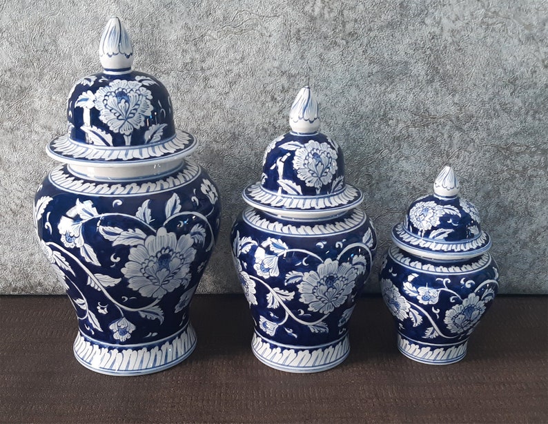 Handmade Ceramic Ginger Jar Set, Chinoiserie Set, Bleu Blanc Ginger Jar set image 3