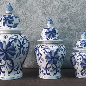 Handmade Ceramic Ginger Jar Set, Chinoiserie Set, Bleu Blanc Ginger Jar set