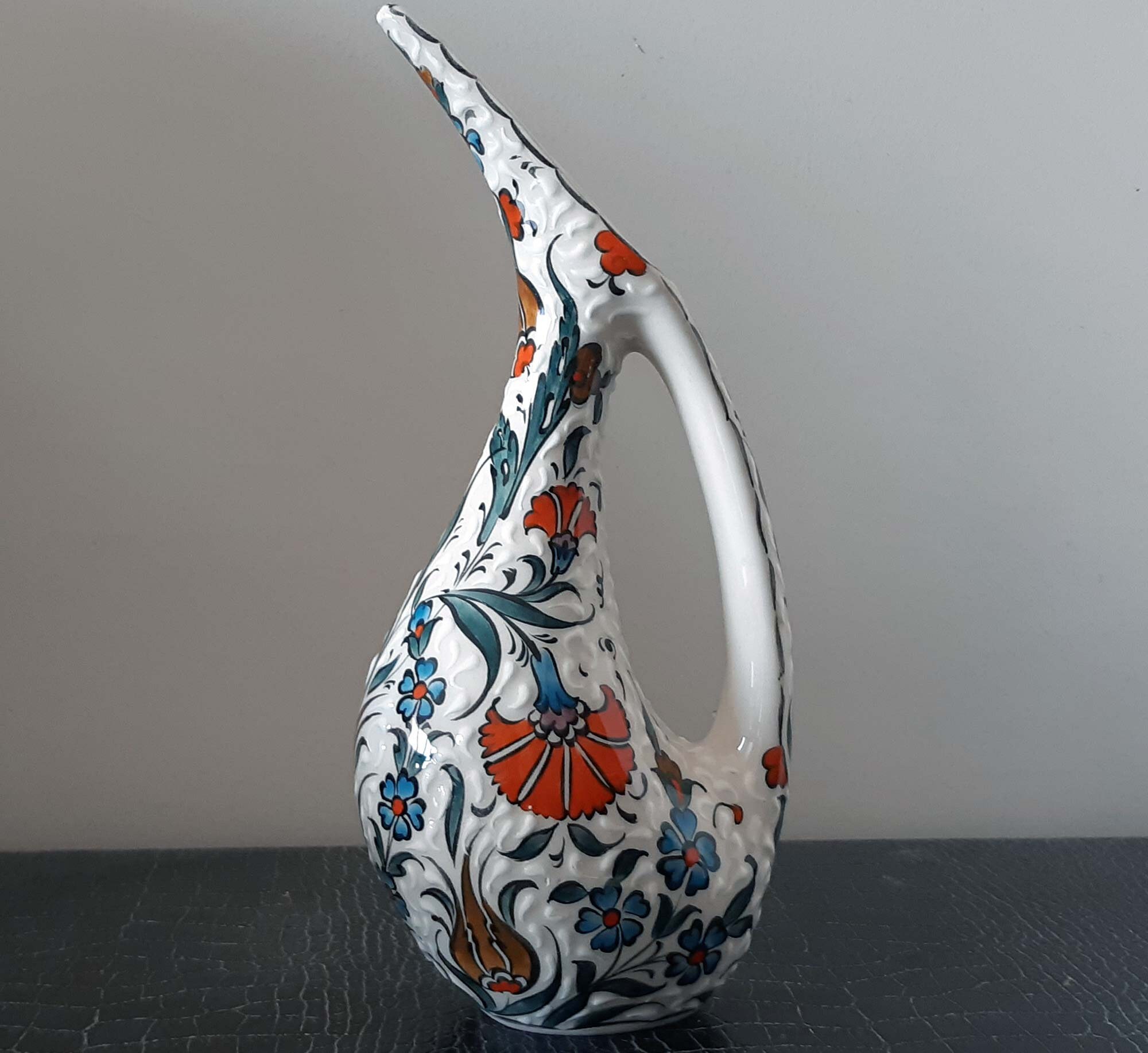 トルコ Vintage陶器 蓋付き壺 花柄 瑠璃色 トルコ陶器 蓋つき壺 高さ25