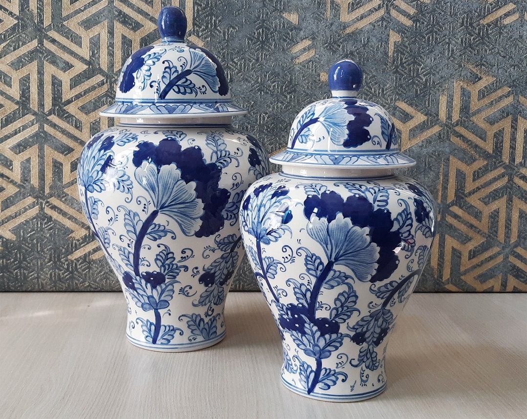 Handmade Ceramic Ginger Jar Set, Double Chinoiserie Set, Bleu Blanc