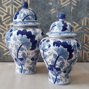 Handmade Ceramic Ginger Jar Set, Double Chinoiserie Set, Bleu Blanc Ginger Jar set