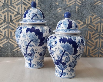 Handmade Ceramic Ginger Jar Set, Double Chinoiserie Set, Bleu Blanc Ginger Jar set